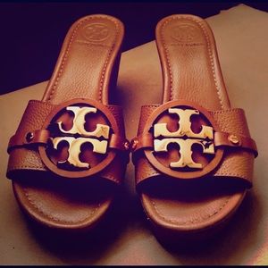Tory Burch Patty Heel Wedges 2.5” in Tan + Gold